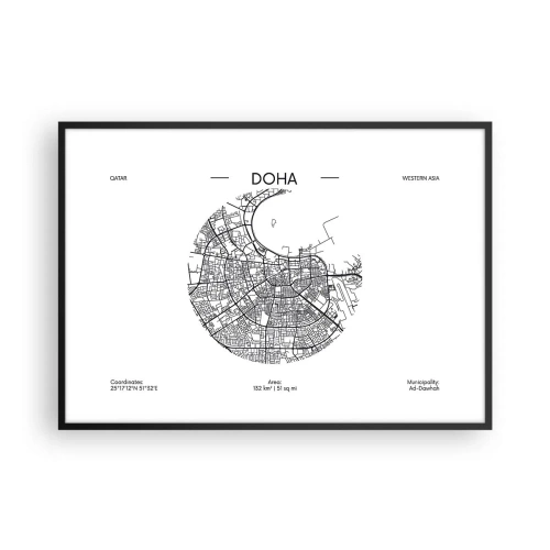 Plakat w czarnej ramie - Minimalistyczna mapa Dohy w czarno-białej kolorystyce z precyzyjnymi detalami - 100x70cm - Anatomia Dohy - Nowoczesna dekoracja ścienna do salonu i sypialni ARTTOR
