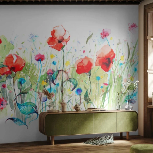 Fototapeta Standard Eco - Akwarelowe maki na łące pełnej kwiatów - 100x70cm - Kwitnąca majem łąka - Nowoczesna dekoracja ścienna do salonu i sypialni ARTTOR
