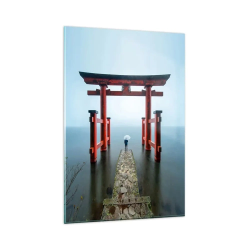 Obraz na szkle - Brama torii nad spokojnym jeziorem w Japonii - 80x120cm - Japońska zaduma - Nowoczesna dekoracja ścienna do salonu i sypialni ARTTOR