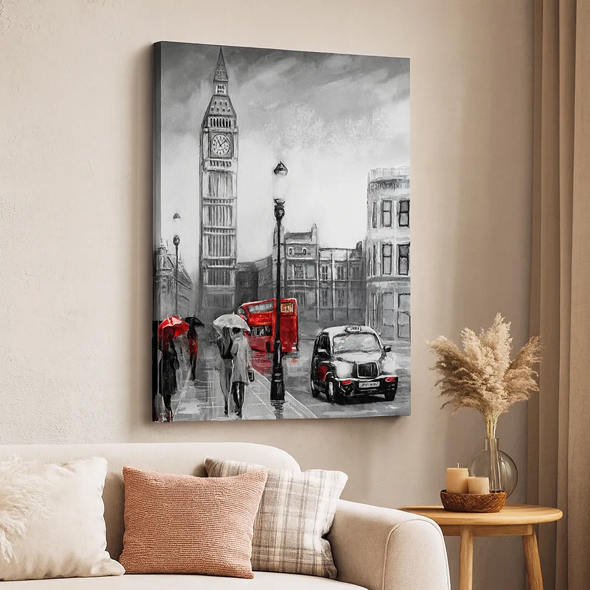 Obraz na płótnie - Londyński Big Ben w deszczowej scenerii z czerwonym autobusem i taksówką - 50x70cm - Wcale nie szare miasto - Nowoczesna dekoracja ścienna do salonu, kuchni i sypialni ARTTOR