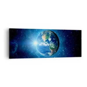 Obraz na płótnie - Ziemia w kosmosie otoczona gwiazdami i światłem - 140x50cm - Jesteśmy w niebie - Nowoczesna dekoracja ścienna do salonu i sypialni ARTTOR