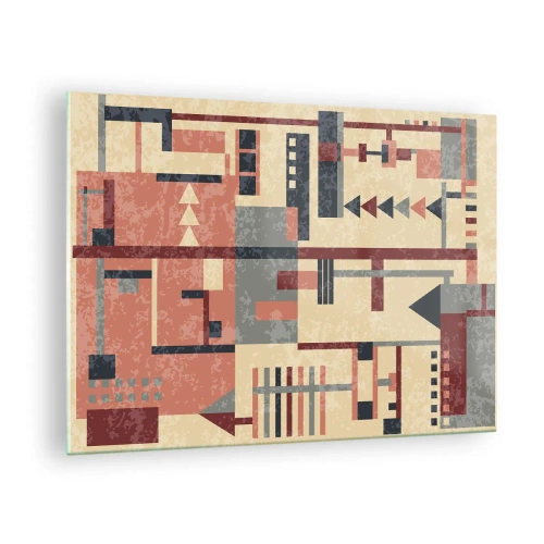 Obraz na szkle - Abstrakcyjny wzór geometryczny w beżowych i czerwonych odcieniach - 70x50cm - Kombinacja pionów i poziomów - Nowoczesna dekoracja ścienna do salonu i sypialni ARTTOR