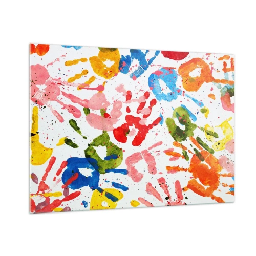 Obraz na szkle - Kolorowe odciski dłoni na białym tle - 100x70cm - Idź po śladach - Nowoczesna dekoracja ścienna do salonu, kuchni i sypialni ARTTOR