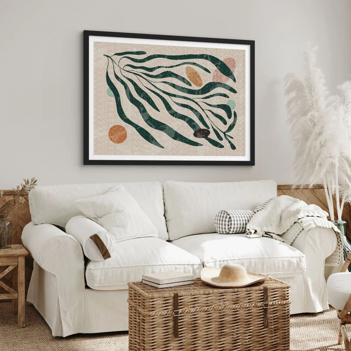Plakat w czarnej ramie - Organiczne linie i kształty w zieleni i beżu - 100x70cm - Pośród zieleni - Nowoczesna dekoracja ścienna do salonu i sypialni ARTTOR