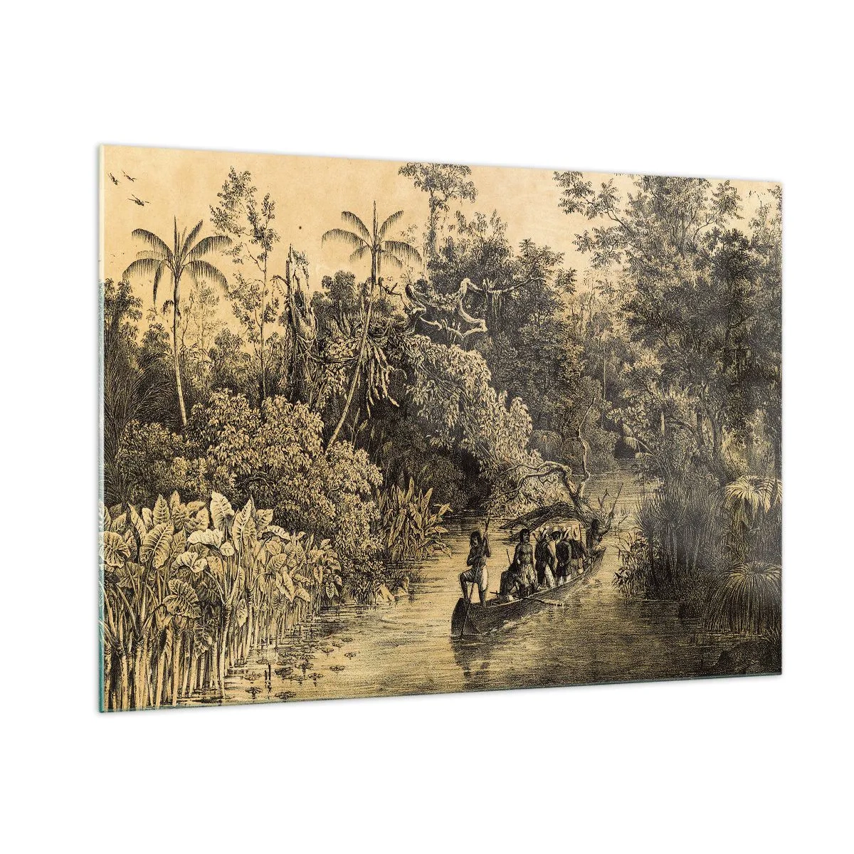 Obraz na szkle - Retro rycina przedstawiająca podróż przez dżunglę - 100x70cm - Wyprawa do źródła - Nowoczesna dekoracja ścienna do salonu, kuchni i sypialni ARTTOR