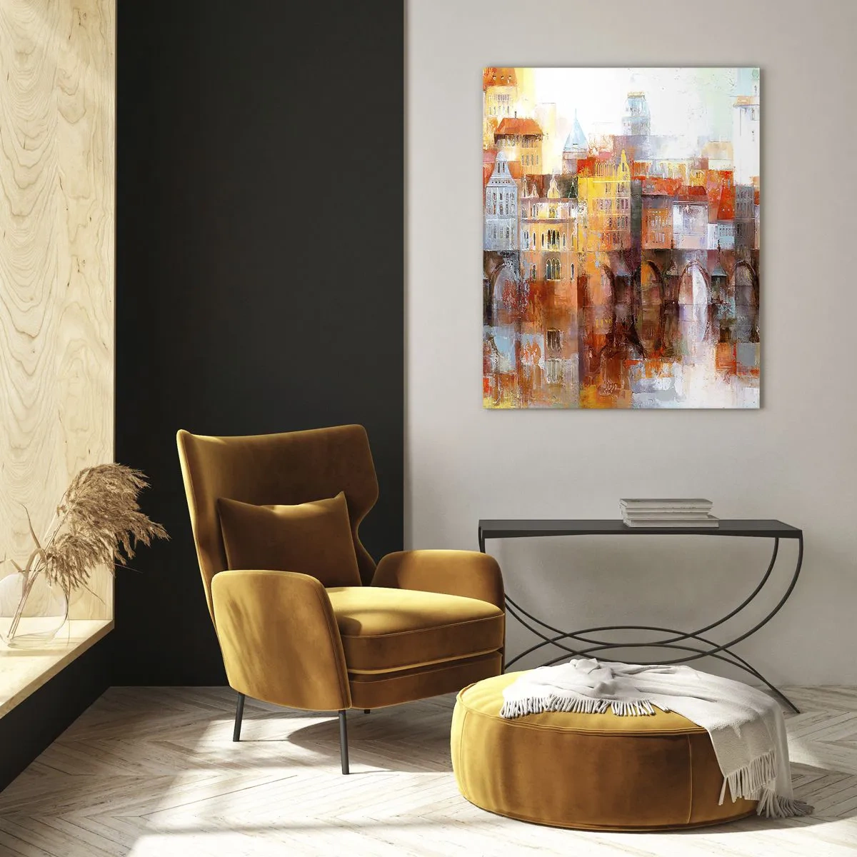 Obraz na szkle - Kolorowa panorama miasta z mostem i odbiciem w wodzie - 50x70cm - Pod mostem też pięknie - Nowoczesna dekoracja ścienna do salonu, kuchni i sypialni ARTTOR