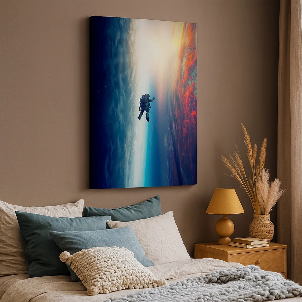Obraz na płótnie - Astronauta dryfujący w przestrzeni kosmicznej na tle Ziemi i zachodzącego słońca - 50x70cm - Mierzyć się ze wszechświatem - Nowoczesna dekoracja ścienna do salonu, kuchni i sypialni ARTTOR