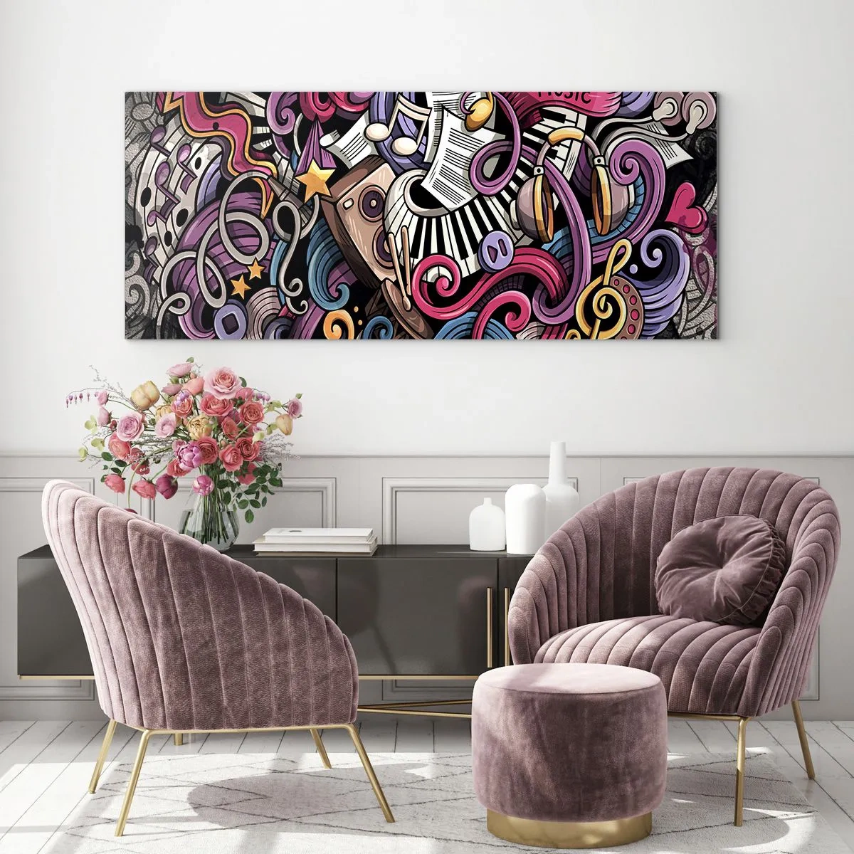 Obraz na szkle - Muzyczna abstrakcja pełna kolorowych instrumentów i nut - 120x50cm - Skomplikowana melodia - Nowoczesna dekoracja ścienna do salonu i sypialni ARTTOR