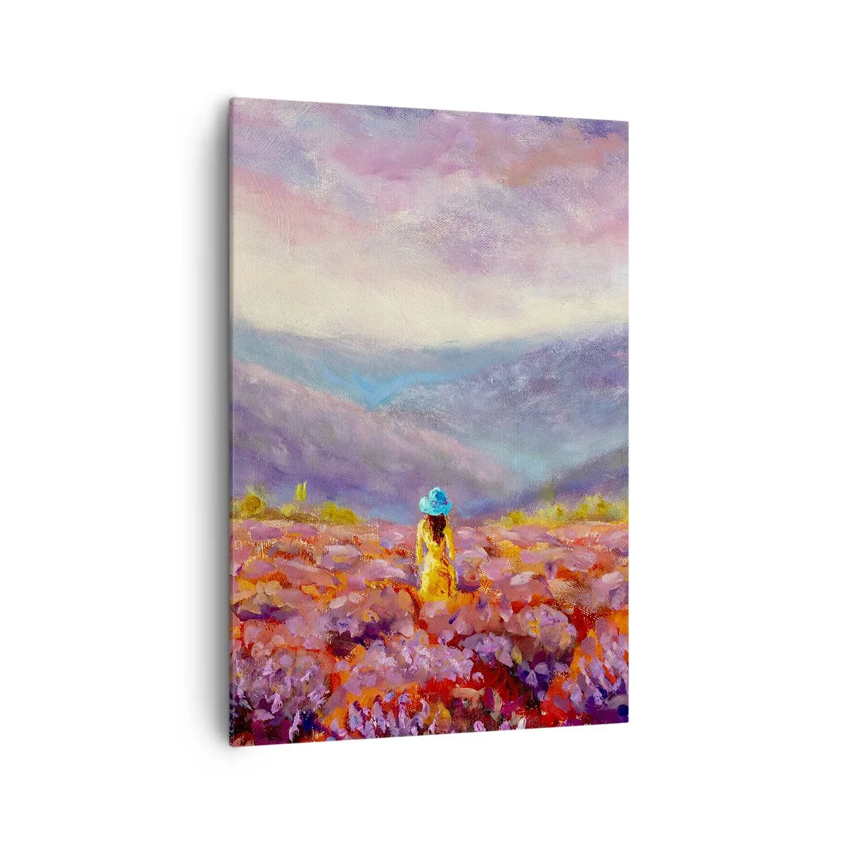 Obraz na płótnie - Kobieta w kapeluszu spacerująca po polu lawendy - 70x100cm - W lawendowym świecie - Nowoczesna dekoracja ścienna do salonu i sypialni ARTTOR
