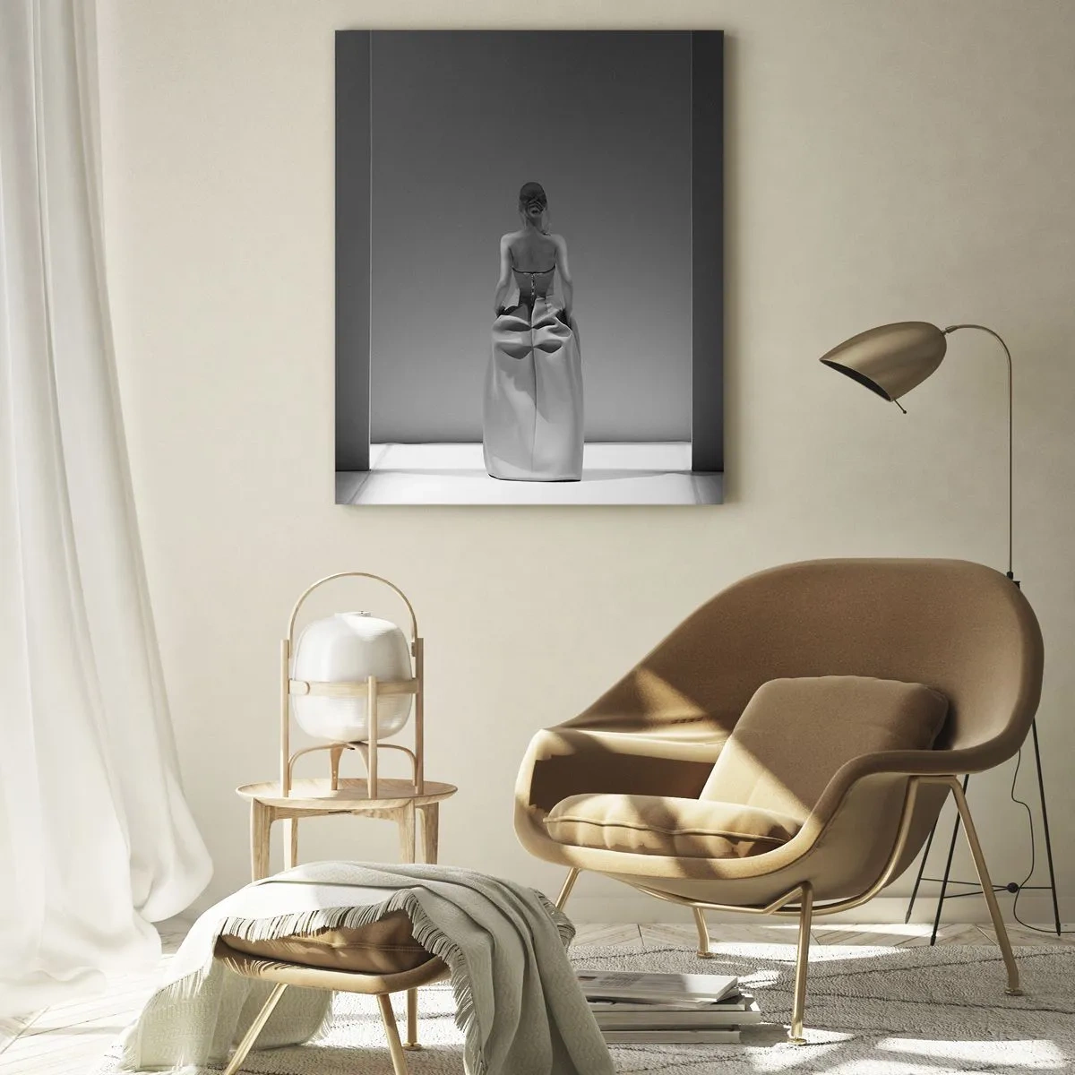 Obraz na szkle - Czarno-biały obraz z minimalistyczną sceną kobiety w geometrycznej przestrzeni - 80x120cm - Wyrafinowana prostota - Nowoczesna dekoracja ścienna do salonu i sypialni ARTTOR