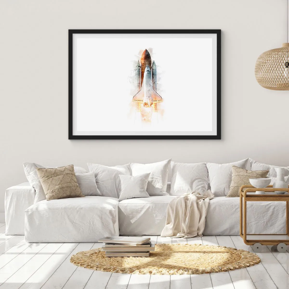 Plakat w czarnej ramie - Startujący prom kosmiczny w artystycznej akwarelowej interpretacji - 70x50cm - Odkrywcy na start - Nowoczesna dekoracja ścienna do salonu i sypialni ARTTOR