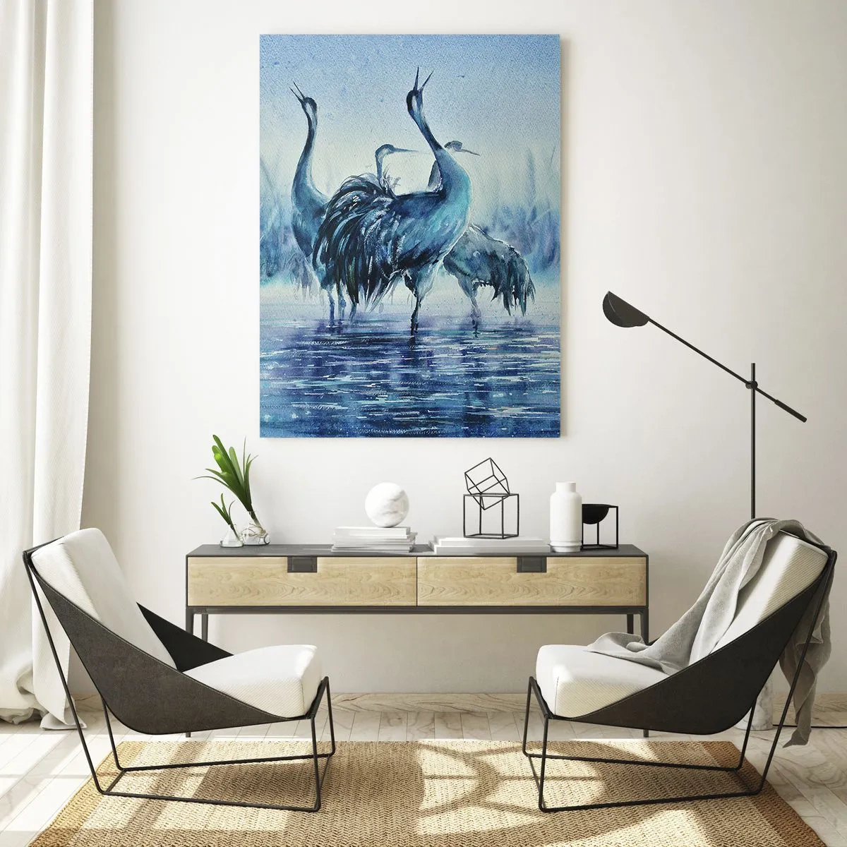 Obraz na szkle - Ptaki brodzące w wodzie w błękitnej tonacji - 50x70cm - Poranne spotkanie - Nowoczesna dekoracja ścienna do salonu, kuchni i sypialni ARTTOR