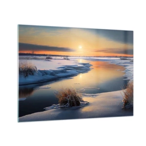 Obraz na szkle - Zimowy krajobraz z zachodem słońca nad zamarzniętą rzeką - 70x50cm - Zimowy zachód słońca - Nowoczesna dekoracja ścienna do salonu i sypialni ARTTOR