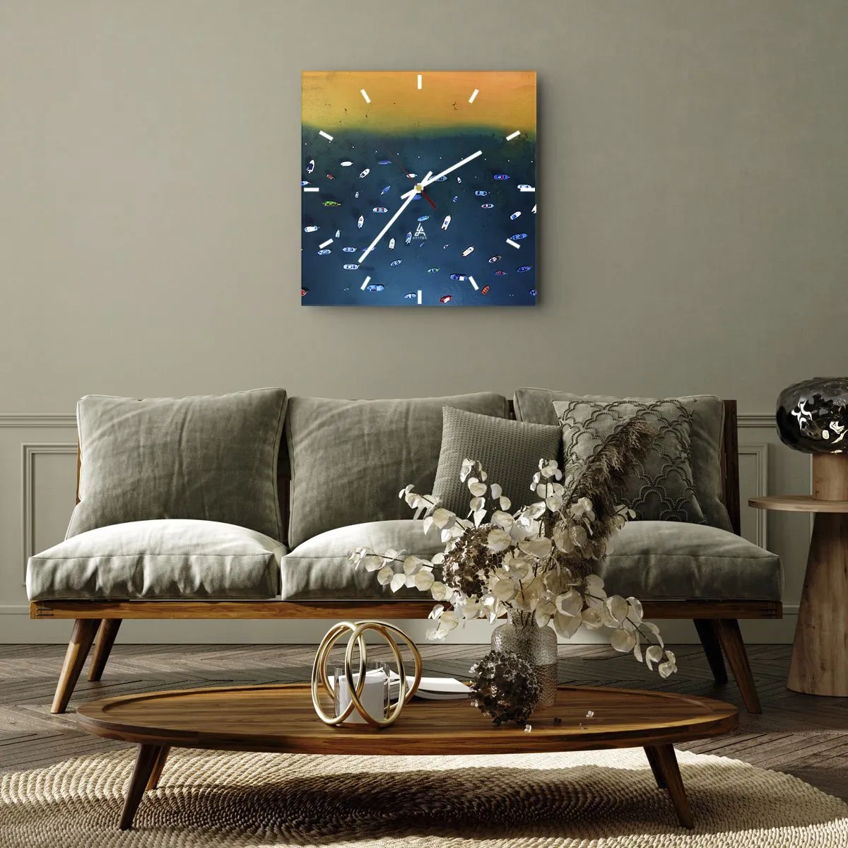 Zegar ścienny - Widok z lotu ptaka na łodzie na wodzie i piaszczysty brzeg - 30x30cm - Wakacyjna gra - Nowoczesna dekoracja ścienna do salonu i sypialni ARTTOR