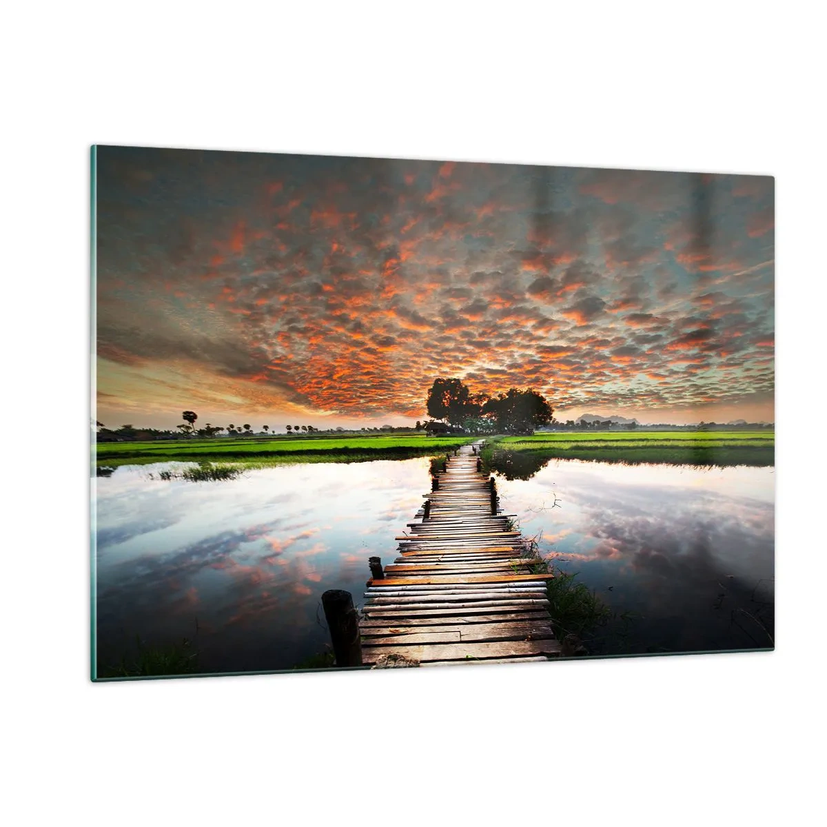 Obraz na szkle - Drewniany mostek nad rzeką przy zachodzie słońca - 120x80cm - Rozłóż ramiona - oddychaj  - Nowoczesna dekoracja ścienna do salonu, kuchni i sypialni ARTTOR