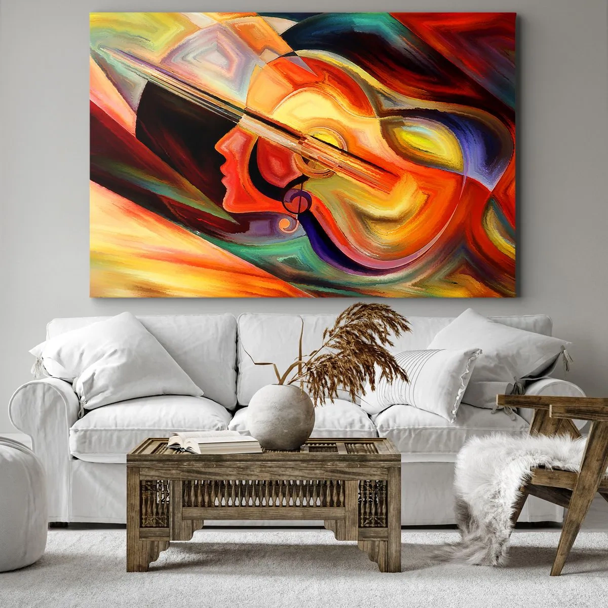 Obraz na płótnie - Kolorowa abstrakcja inspirowana muzyką i gitarą - 70x50cm - Wszystko gra - Nowoczesna dekoracja ścienna do salonu i sypialni ARTTOR
