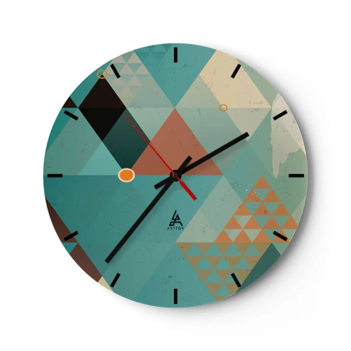 Zegar ścienny - Geometryczna kompozycja z trójkątów w odcieniach zieleni i beżu - 30x30cm - Jedność wielości, wielość jedności - Nowoczesna dekoracja ścienna do salonu, kuchni i sypialni ARTTOR