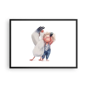 Plakat w czarnej ramie - Ilustracja dziecka z pelikanem i lunetą w ręku - 70x50cm - Plan wielkiej podróży - Nowoczesna dekoracja ścienna do salonu i sypialni ARTTOR