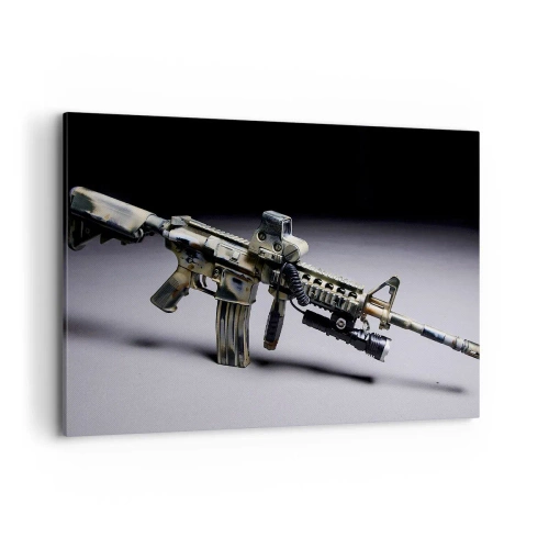 Obraz na płótnie - Nowoczesna broń w kolorze kamuflażu na ciemnym tle - 100x70cm - Zawsze grożny - Nowoczesna dekoracja ścienna do salonu, kuchni i sypialni ARTTOR