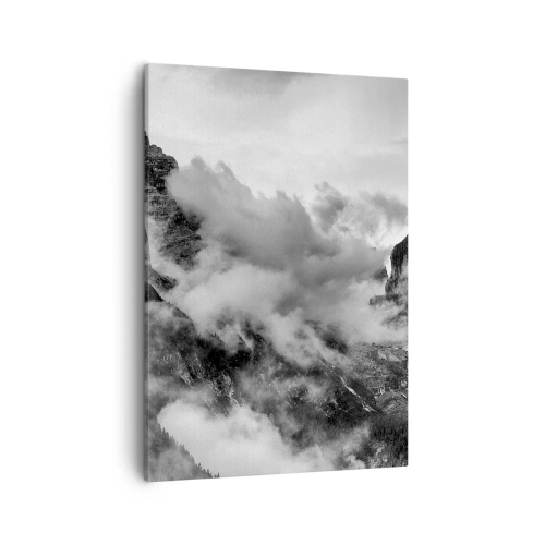 Obraz na płótnie - Górski krajobraz w chmurach, czarno-biała fotografia - 50x70cm - Piękne i okrutne - Nowoczesna dekoracja ścienna do salonu, kuchni i sypialni ARTTOR