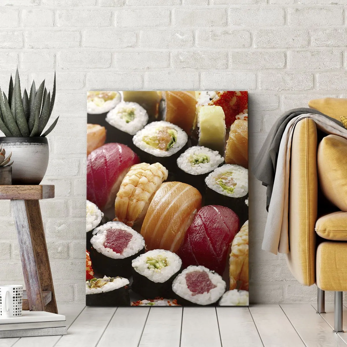 Obraz na płótnie - Kolorowe sushi ułożone w rzędy z różnorodnymi dodatkami - 80x120cm - Barwy i smaki Azji - Nowoczesna dekoracja ścienna do salonu i sypialni ARTTOR