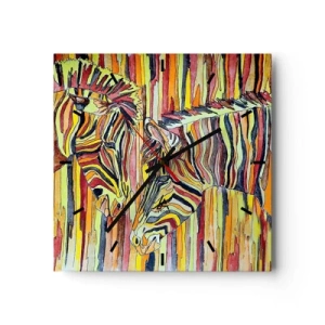 Zegar ścienny - Kolorowe zebry na tle abstrakcyjnych pasów - 30x30cm - A więc ty też… - Nowoczesna dekoracja ścienna do salonu i sypialni ARTTOR