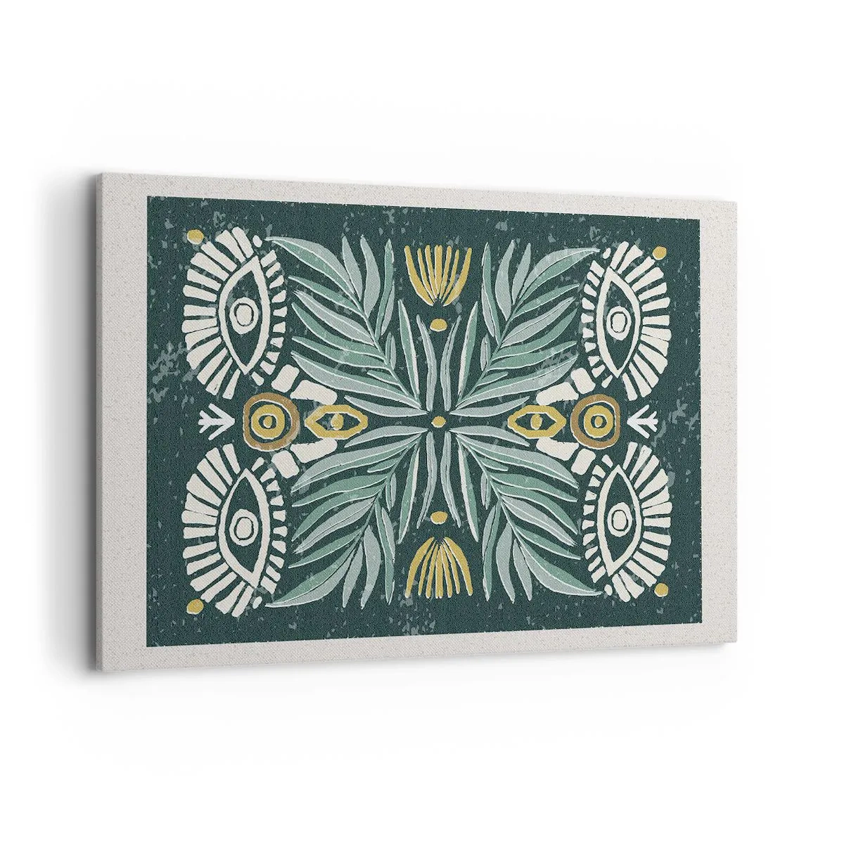 Obraz na płótnie - Symetryczny wzór roślinny na zielonym tle - 120x80cm - Jak ludowa wycinanka - Nowoczesna dekoracja ścienna do salonu, kuchni i sypialni ARTTOR
