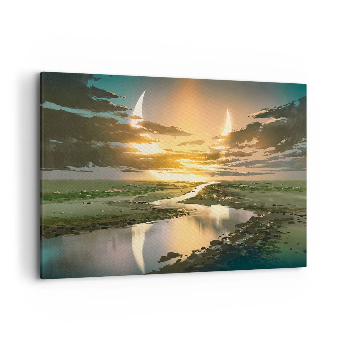 Obraz na płótnie - Fantastyczny krajobraz z dwoma księżycami na horyzoncie - 120x80cm - Gdzieś w odległej galaktyce - Nowoczesna dekoracja ścienna do salonu, kuchni i sypialni ARTTOR