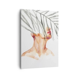 Obraz na płótnie - Akwarelowa sylwetka kobiety z gałęzią palmy zasłaniającą twarz - 50x70cm - Poczuć puls tropików - Nowoczesna dekoracja ścienna do salonu, kuchni i sypialni ARTTOR