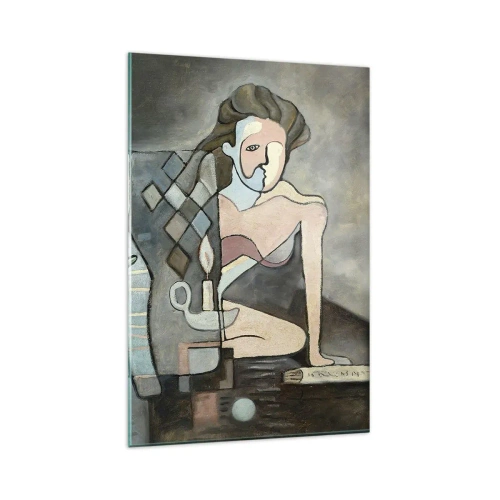 Obraz na szkle - Abstrakcyjne postacie w symbolicznej kompozycji o głębokiej treści - 80x120cm - Mozaika ducha i materii - Nowoczesna dekoracja ścienna do salonu i sypialni ARTTOR
