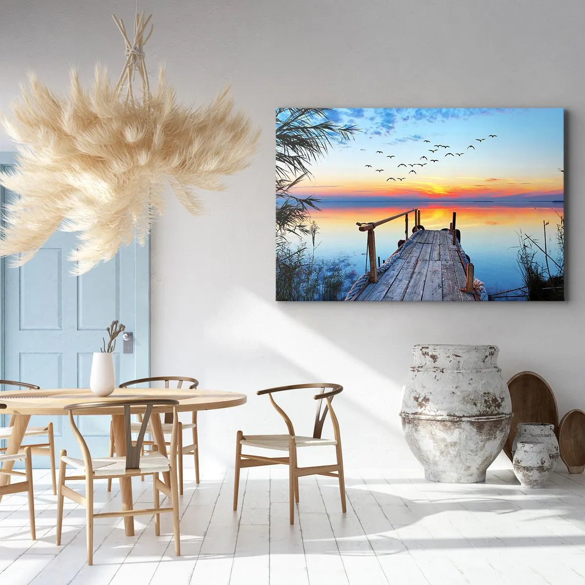 Obraz na płótnie - Drewniany pomost nad jeziorem o zachodzie słońca - 70x50cm - Pora wracać… - Nowoczesna dekoracja ścienna do salonu i sypialni ARTTOR