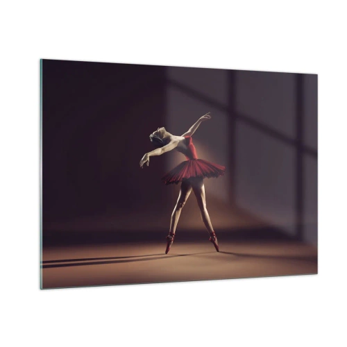 Obraz na szkle - Balerina w czerwonej sukience w dynamicznej pozie - 100x70cm - Prima ballerina - Nowoczesna dekoracja ścienna do salonu, kuchni i sypialni ARTTOR