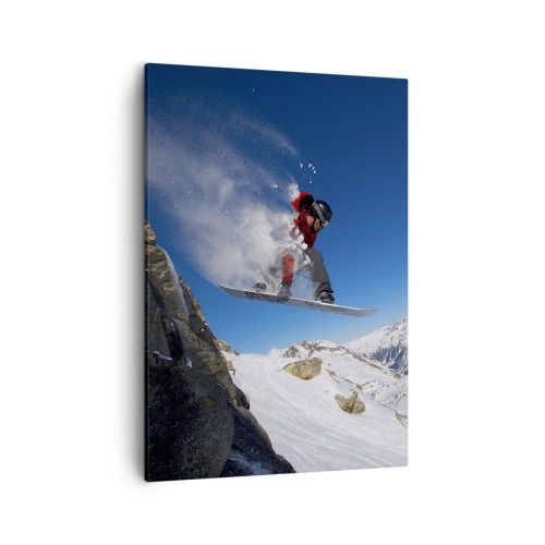 Obraz na płótnie - Snowboardzista w trakcie skoku w górach na tle błękitnego nieba - 50x70cm - I stałeś się częścią przestrzeni - Nowoczesna dekoracja ścienna do salonu, kuchni i sypialni ARTTOR