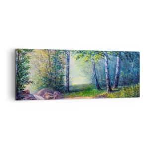 Obraz na płótnie - Leśny strumyk otoczony brzozami i słońcem - 140x50cm - Sielankowa sceneria - Nowoczesna dekoracja ścienna do salonu i sypialni ARTTOR