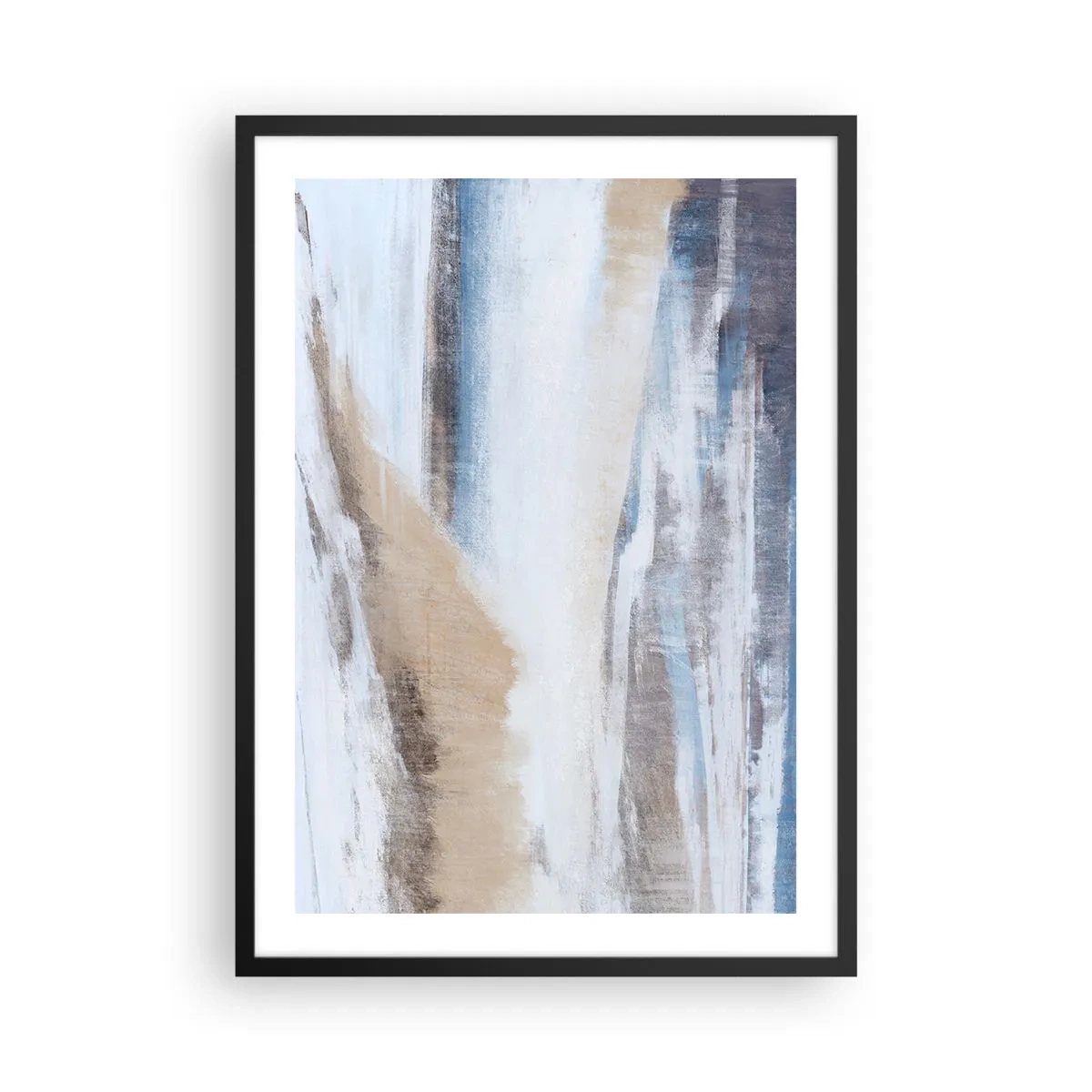 Plakat w czarnej ramie - Abstrakcyjna kompozycja w odcieniach błękitu i beżu - 50x70cm - Zimowa kompozycja - Nowoczesna dekoracja ścienna do salonu i sypialni ARTTOR