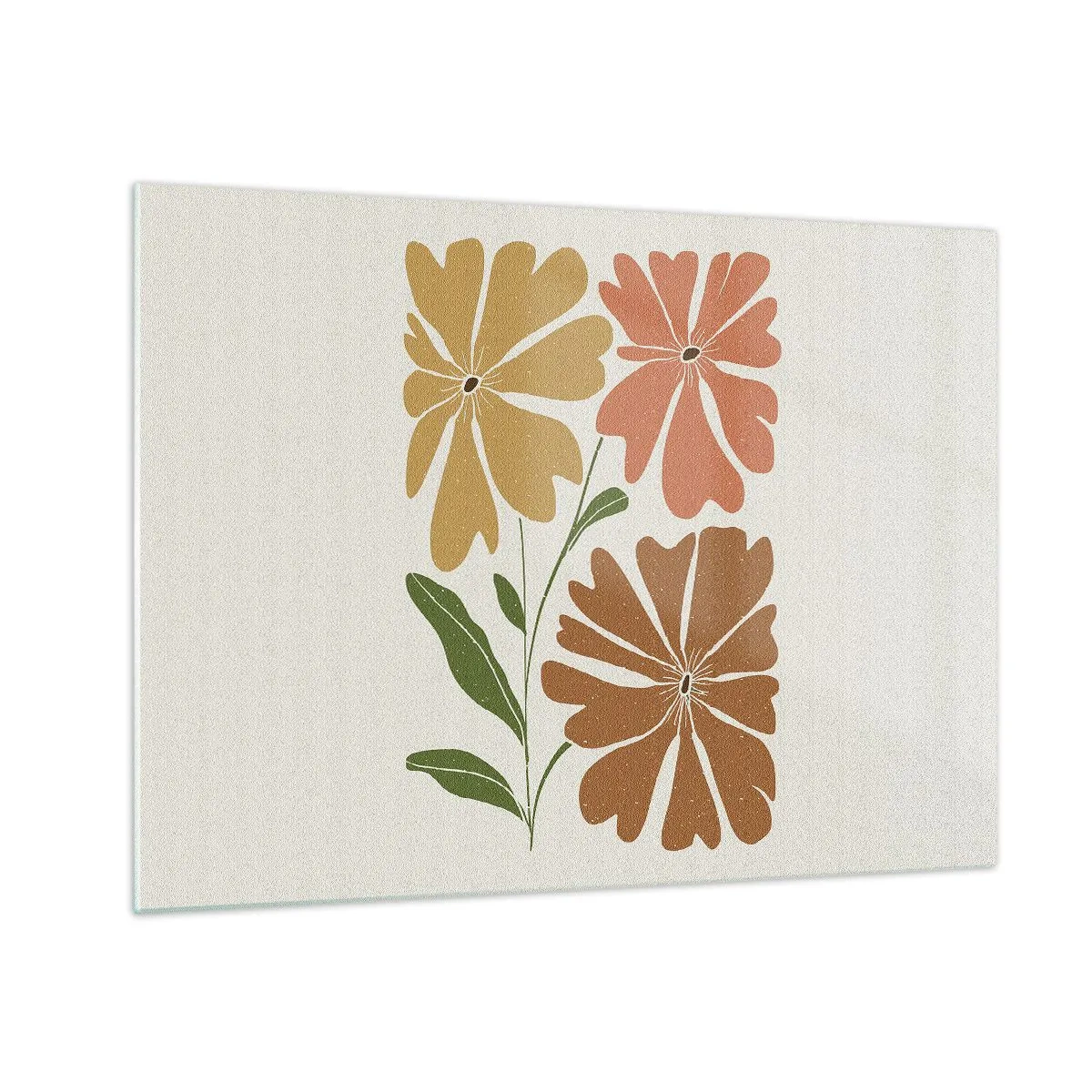 Obraz na szkle - Trzy stylizowane kwiaty w ciepłych barwach na jasnym tle - 70x50cm - Natura i geometria - Nowoczesna dekoracja ścienna do salonu i sypialni ARTTOR
