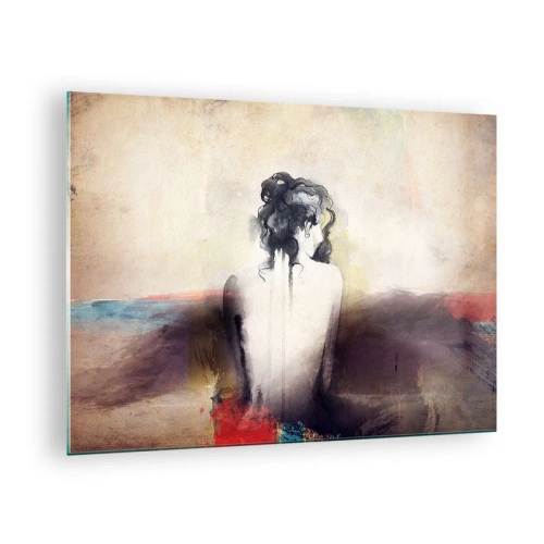 Obraz na szkle - Subtelny portret kobiety na tle pastelowego krajobrazu - 70x50cm - Łagodne linie, owalne kształty - Nowoczesna dekoracja ścienna do salonu i sypialni ARTTOR