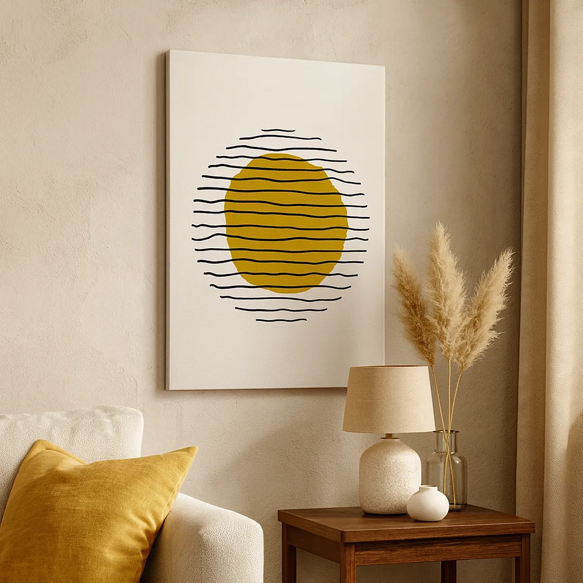 Obraz na płótnie - Żółty okrąg otoczony czarnymi falistymi liniami na jasnym tle - 50x70cm - Abstrakcja drżąca od żaru - Nowoczesna dekoracja ścienna do salonu, kuchni i sypialni ARTTOR