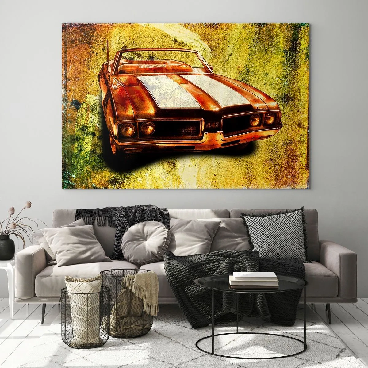 Obraz na szkle - Sportowy kabriolet w stylu vintage na artystycznym tle - 100x70cm - Moc zaklęta w kształtach - Nowoczesna dekoracja ścienna do salonu, kuchni i sypialni ARTTOR