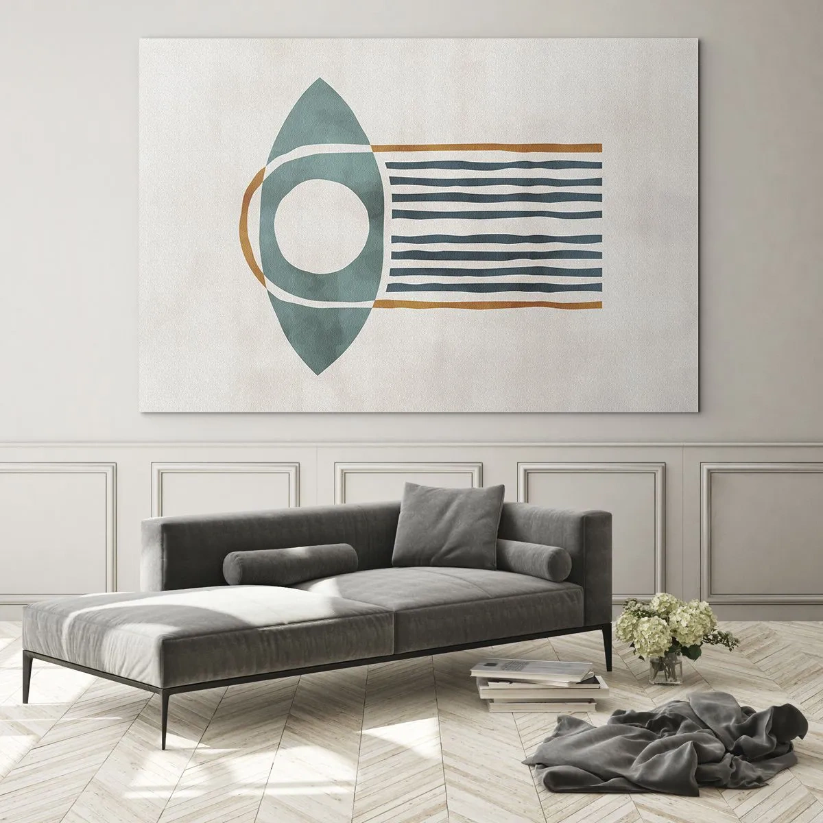 Obraz na szkle - Geometryczna forma z kołem i liniami w odcieniach zieleni i rudości - 70x50cm - Znaki i rytuały - Nowoczesna dekoracja ścienna do salonu i sypialni ARTTOR