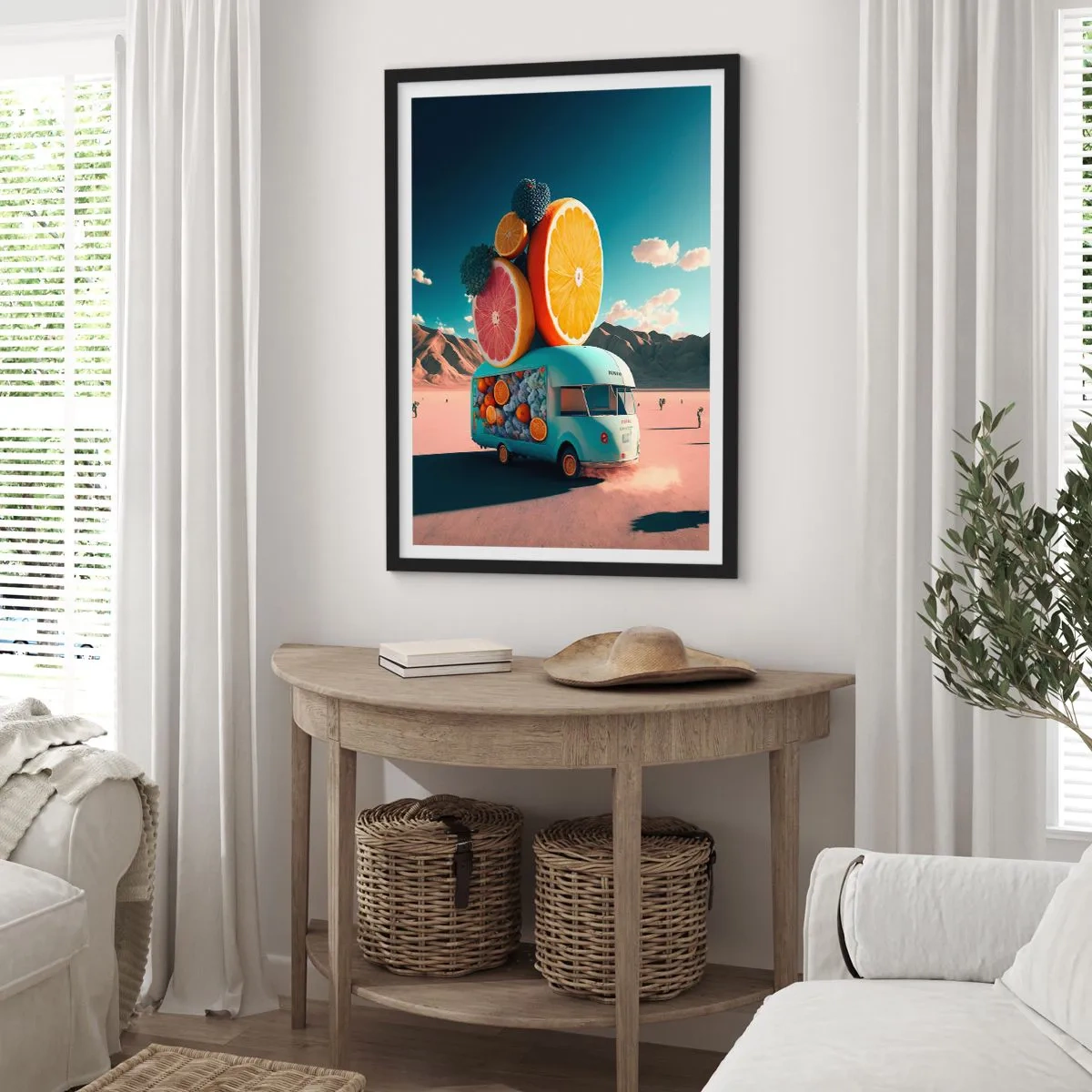 Plakat w czarnej ramie - Fantazyjna ciężarówka z owocami na pustyni - 50x70cm - Smak wakacji - Nowoczesna dekoracja ścienna do salonu i sypialni ARTTOR