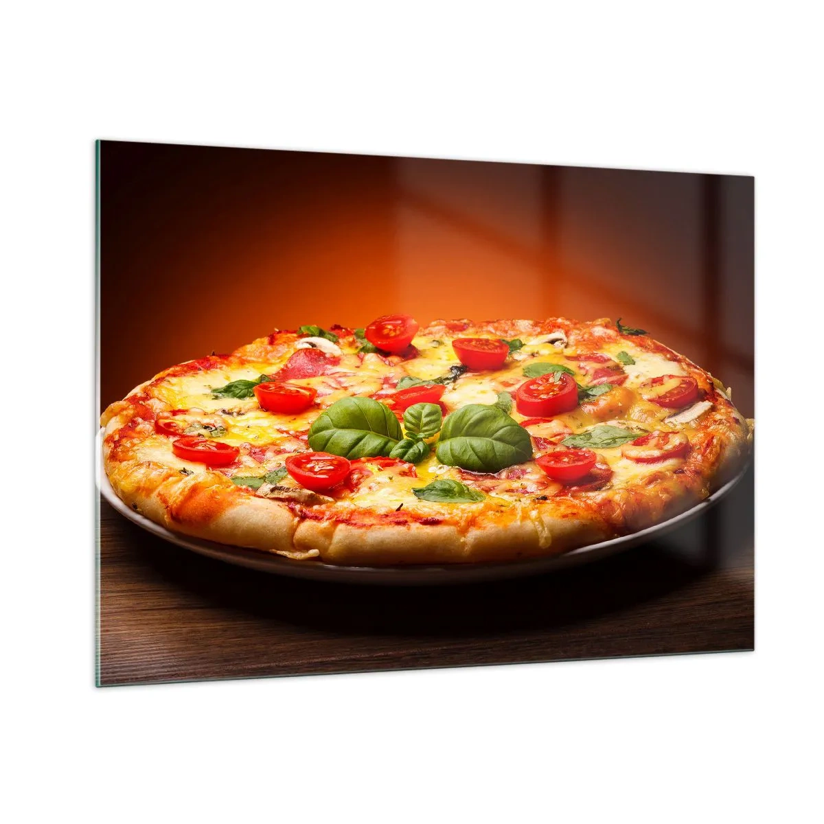 Obraz na szkle - Pizza z pomidorami, bazylią i roztopionym serem - 100x70cm - Mamma mia! - Nowoczesna dekoracja ścienna do salonu, kuchni i sypialni ARTTOR