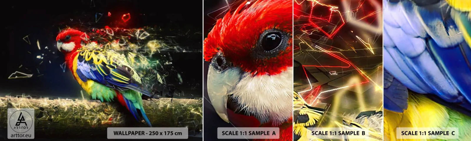 Fototapeta Próbka Samoprzylepna Deluxe Sticker - Posłaniec blasku - Abstrakcja, Papuga, Ptak - 100x30 cm