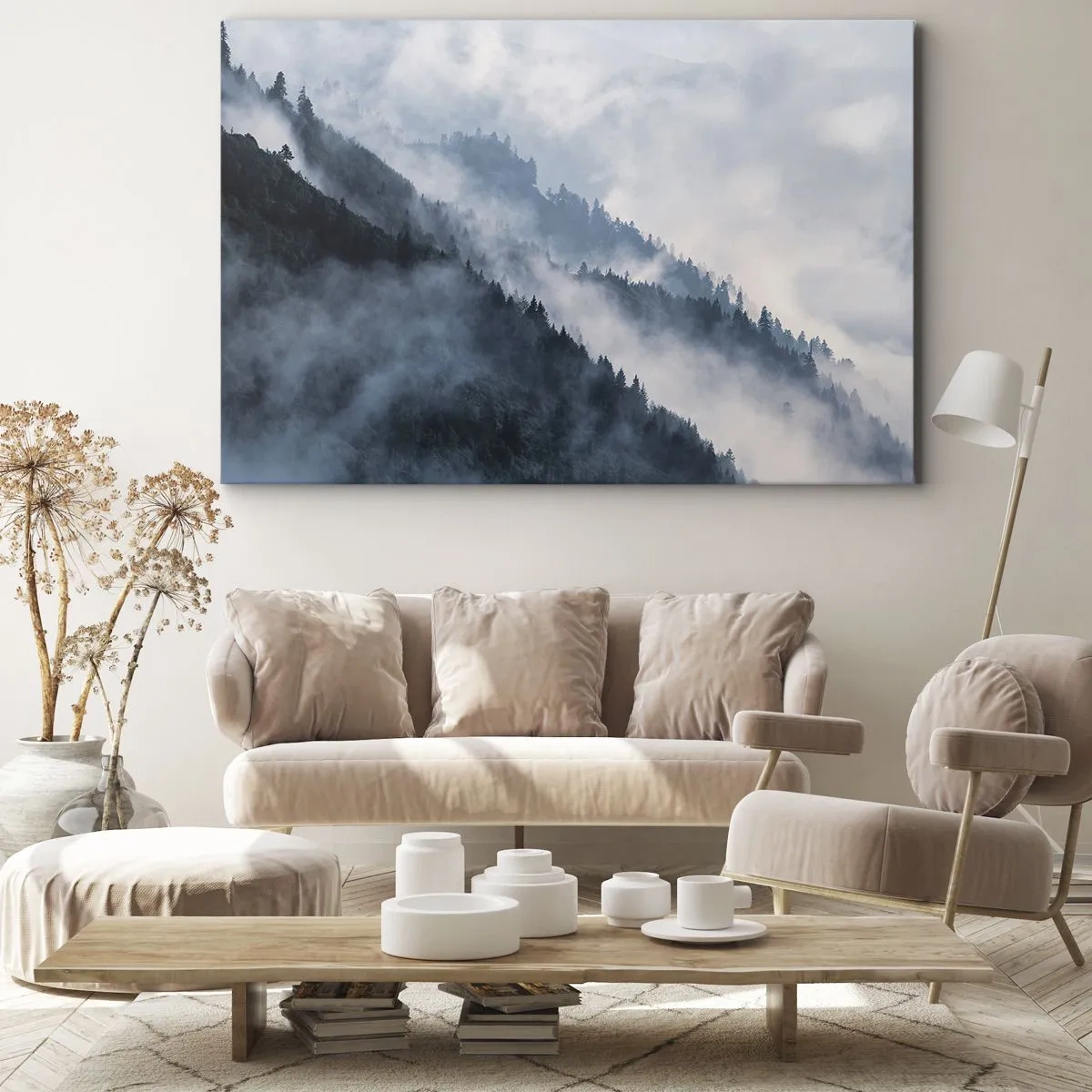 Obraz na płótnie - Mgła unosząca się nad zalesionymi zboczami gór w tajemniczym krajobrazie - 70x50cm - Mistyka gór - Nowoczesna dekoracja ścienna do salonu i sypialni ARTTOR