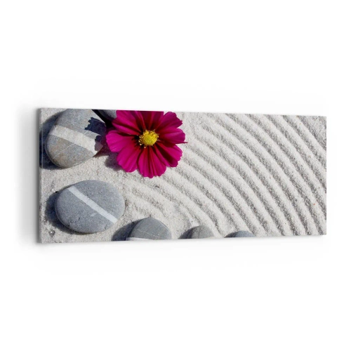 Obraz na płótnie - Kamienie i różowy kwiat na piasku w stylu zen - 120x50cm - Energia i spokój magicznego kręgu natury - Nowoczesna dekoracja ścienna do salonu i sypialni ARTTOR
