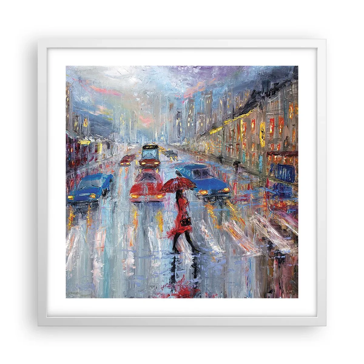 Plakat w białej ramie - Deszczowe popołudnie w mieście - 50x50 cm