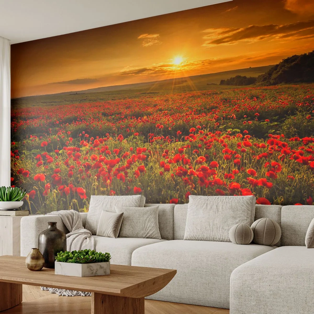 Fototapeta Premium Sand - Pole maków o zachodzie słońca - 100x70cm - Wśród fali łąk szumiących, wśród kwiatów powodzi - Nowoczesna dekoracja ścienna do salonu, kuchni i sypialni ARTTOR