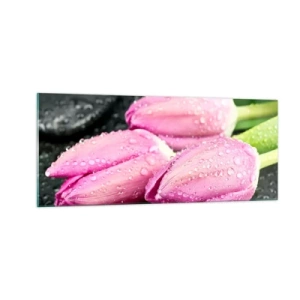 Obraz na szkle - Liliowa trójka na czarnym kamieniu - 100x40 cm