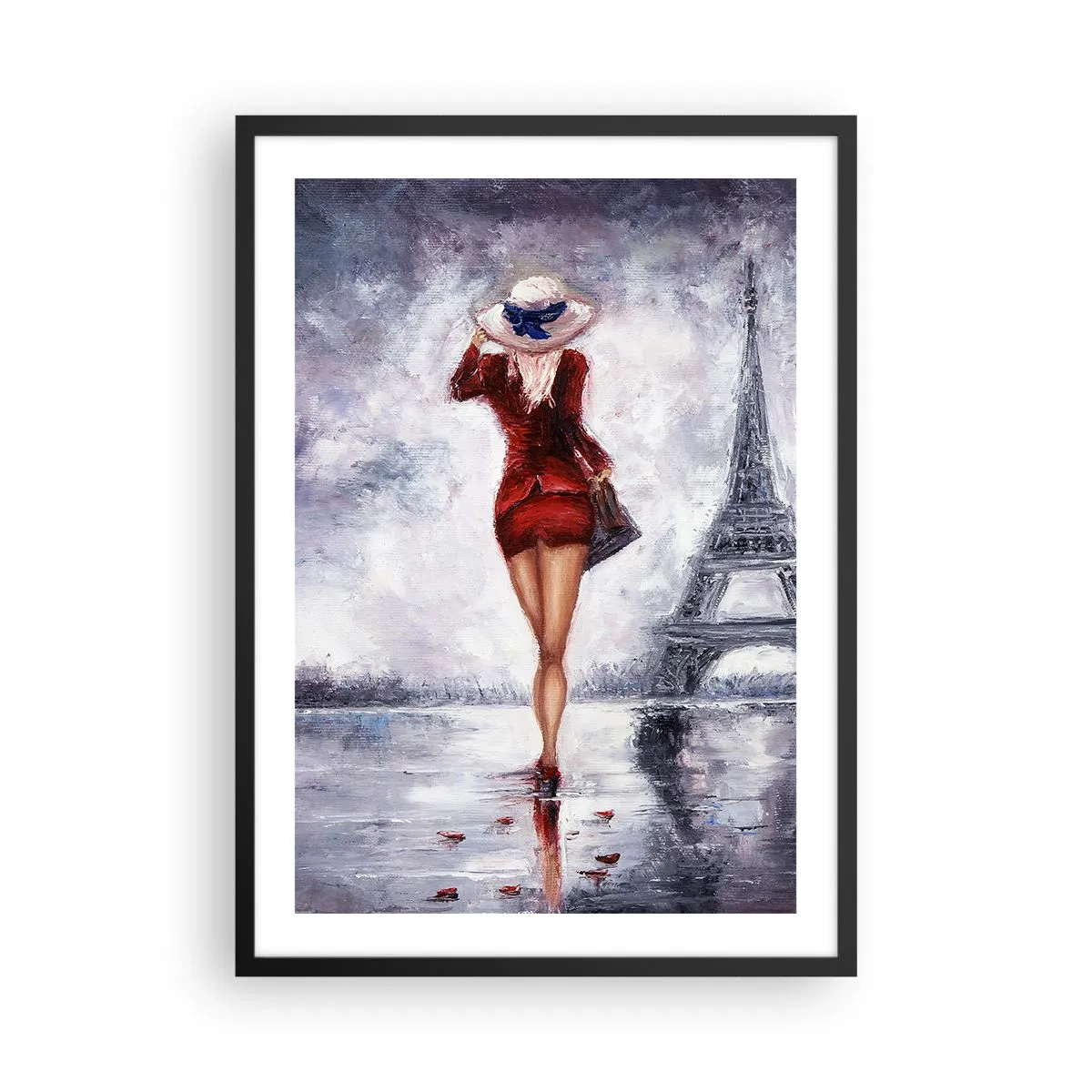 Plakat w czarnej ramie - Kobieta w czerwonej sukience idąca w stronę wieży Eiffla - 50x70cm - Paryskie symbole - Nowoczesna dekoracja ścienna do salonu i sypialni ARTTOR