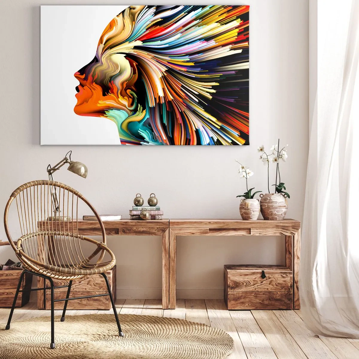 Obraz na płótnie - Abstrakcyjny profil twarzy z kolorowymi dynamicznymi liniami - 100x70cm - Eksplozja wyobraźni - Nowoczesna dekoracja ścienna do salonu, kuchni i sypialni ARTTOR